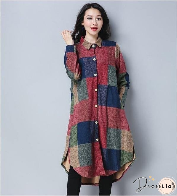 omychic plus size cotton wool vintage for women casual loose autumn winter shirt dress