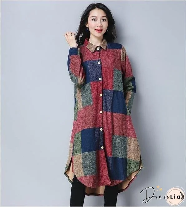 omychic plus size cotton wool vintage for women casual loose autumn winter shirt dress