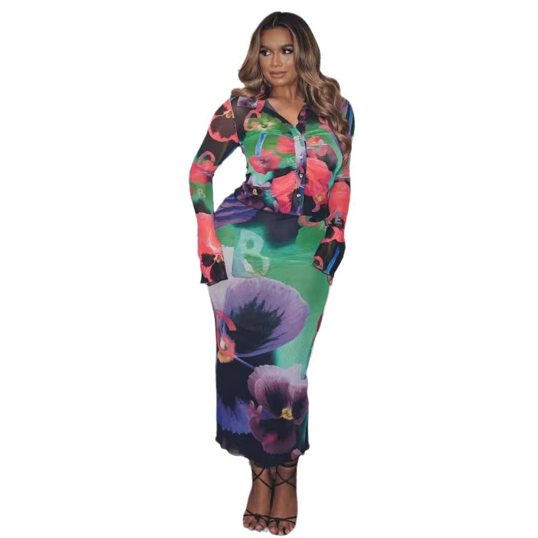 Women Sexy Double Layer Mesh Printed Two-Piece Set
