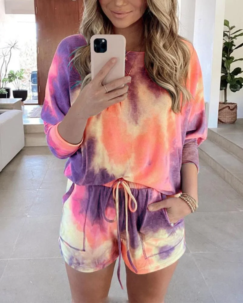 hirigin New Tie Dye Colorful 2Pieces Sets Women Tracksuits Casual Long Sleeve Pullovers Lace Up Shorts with Pockets Outfits