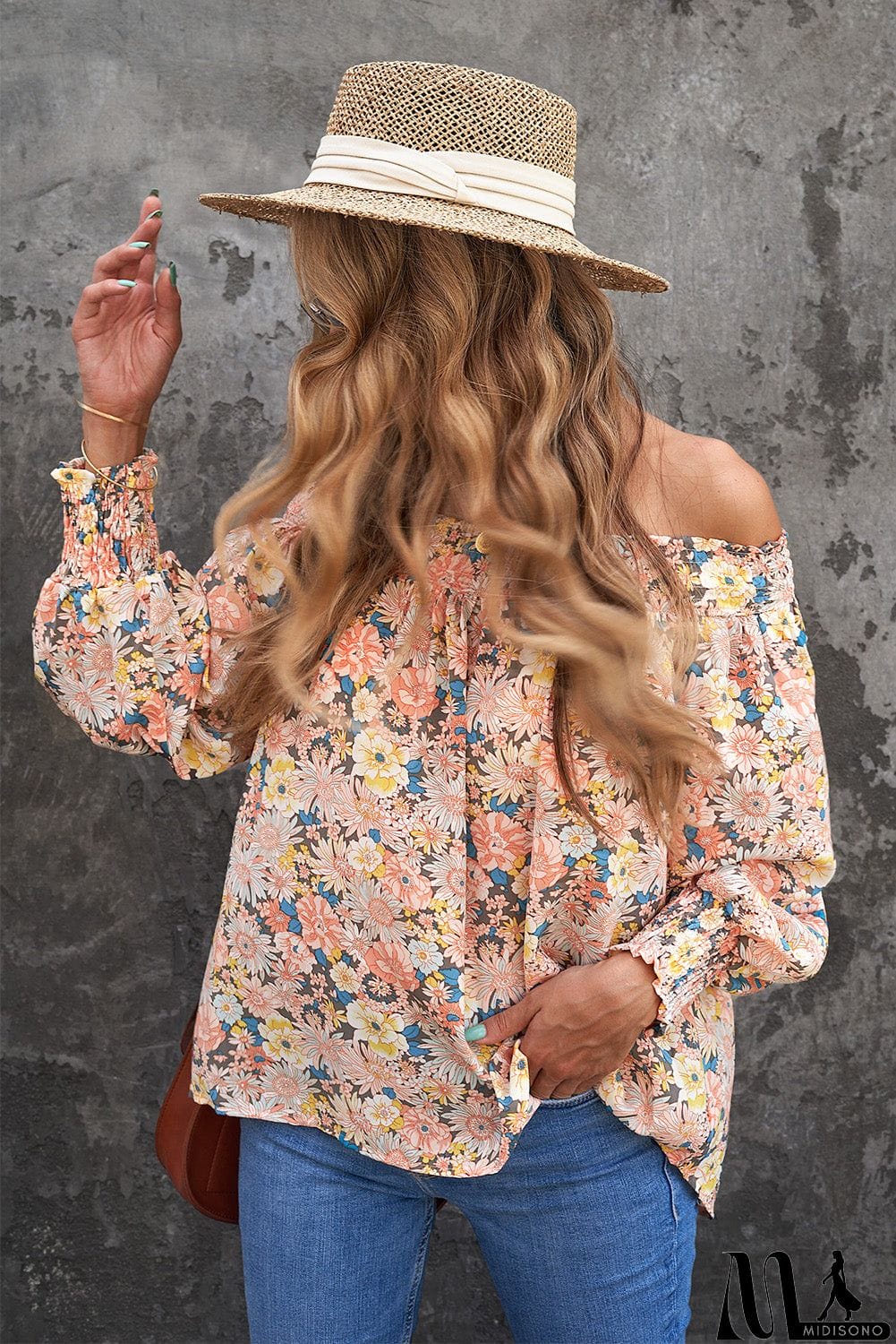 MidiSono - Off The Shoulder Smocked Floral Top