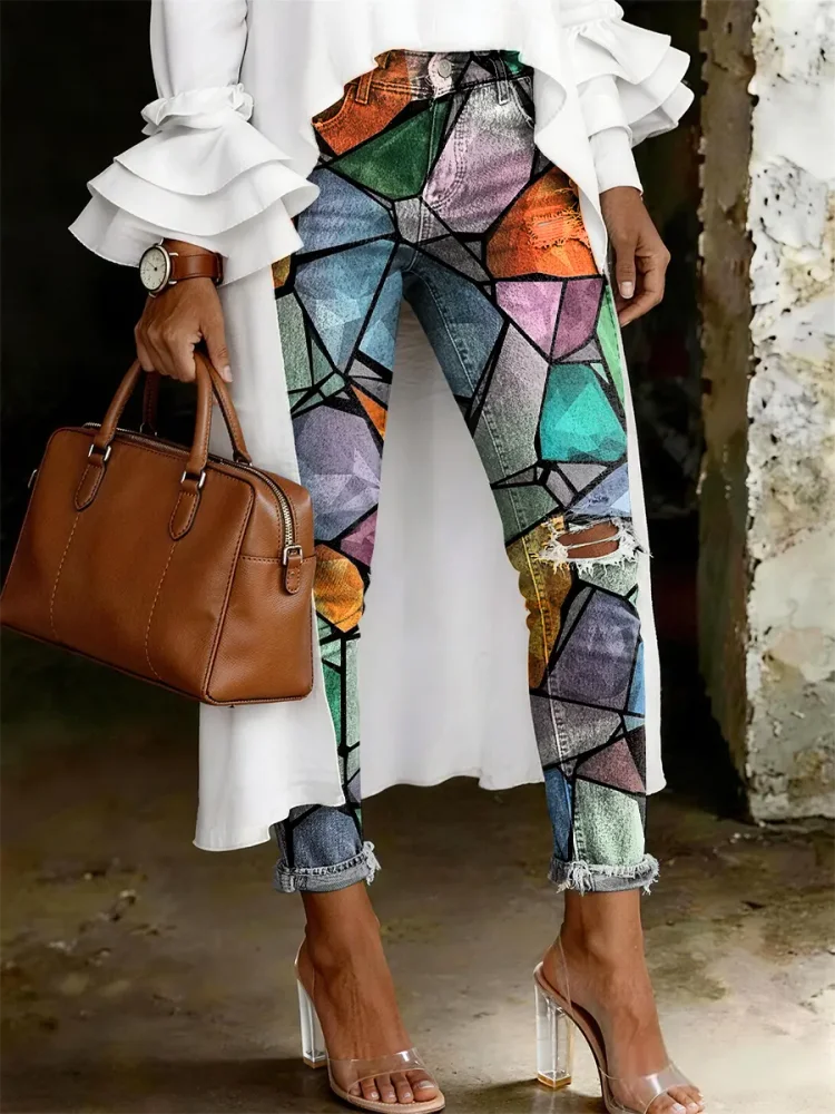 Women's Fashion Casual Multicolor Art Print Ripped Skinny Jeans