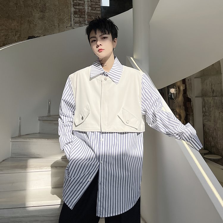 Dawfashion-Two-piece Striped Loose Long-sleeved Shirt-Yamamoto Diablo Clothing