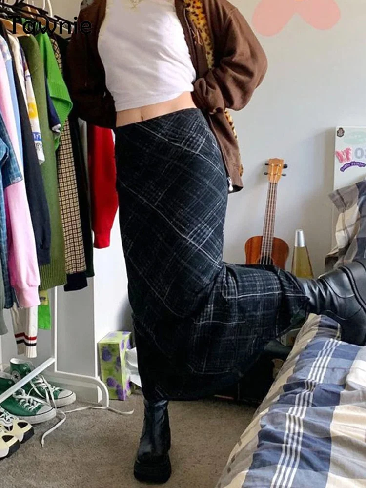 Gitana 2022 Spring Summer Fairy Grunge Long Tulle Skirts Women Kawaii Plaid Black Skirt Harajuku Low waisted Skirt Korean