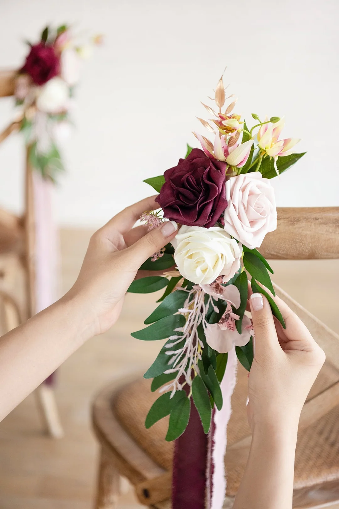 Wedding Aisle Decoration Pew Flowers in Romantic Marsala