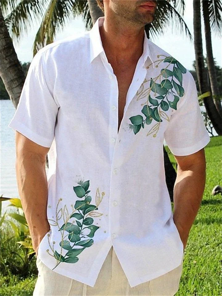 Men's Short Sleeve Leaf Print Shirt White Lapel Shirt-Mixcun