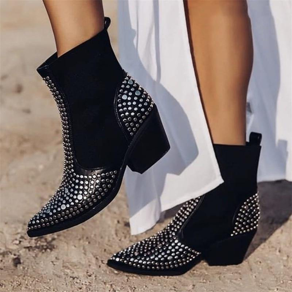 Black Pointed Toe Elastic Panel Studded Chunky Heel Booties for Women Nicepairs
