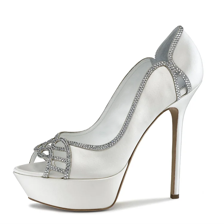 White Rhinestone Hotfix Platform Stiletto Heel Bridal Heels Pumps |FSJ Shoes
