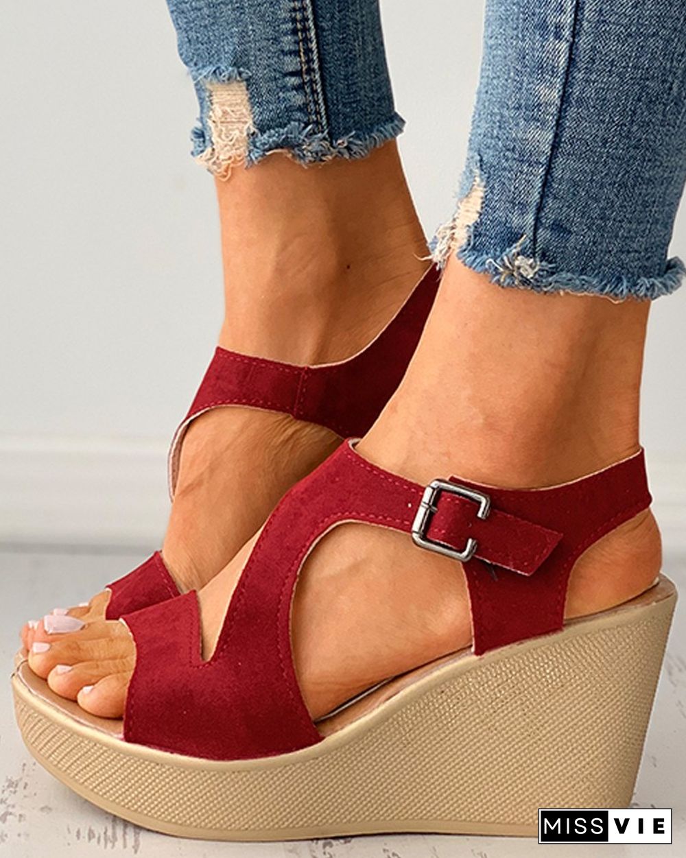 Suede Cutout Peep Toe Buckled Wedge Sandals