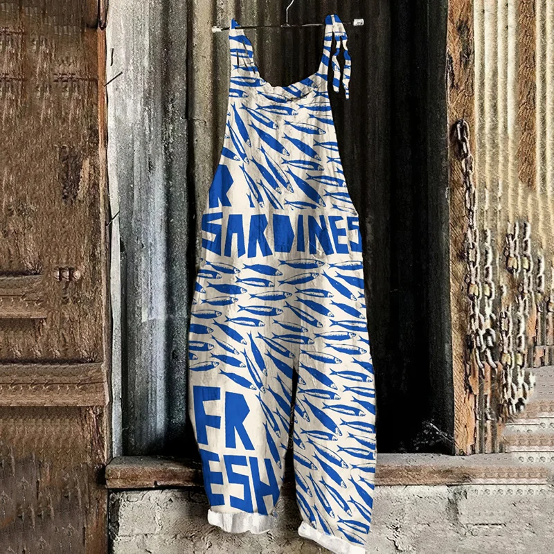 Retro Ocean Sardinas Fish Art Print Linen Loose Casual Jumpsuit