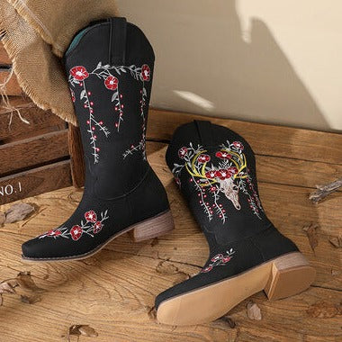 Women's flower embroidery block heels mid calf cowboy boots Low heels western boots