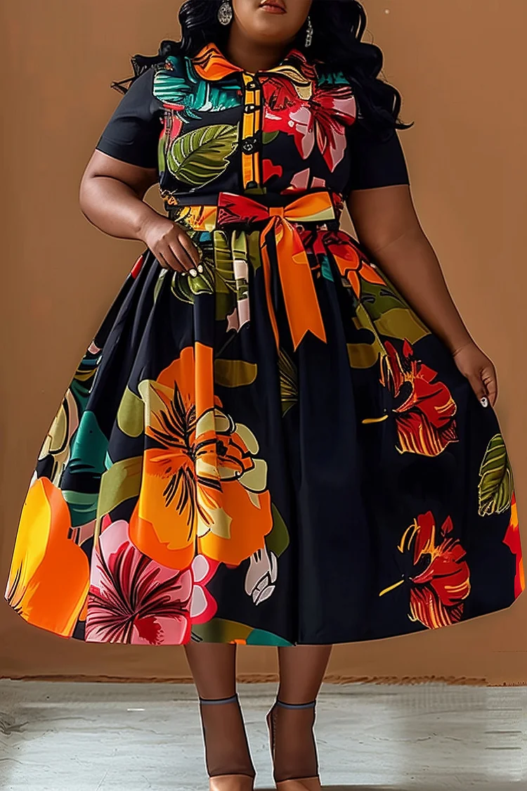 Xpluswear Design Plus Size Business Casual Multicolor Floral Shirt Collar Short Sleeve Bow Tie Two Piece Skirt Sets [Pre-Order]