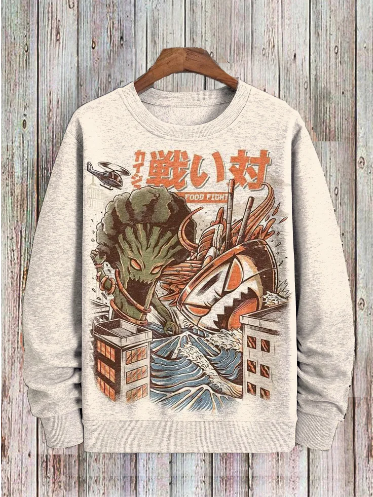 Men's Funny Japan Broccoli Ramen Food Fight Print Sweatshirt