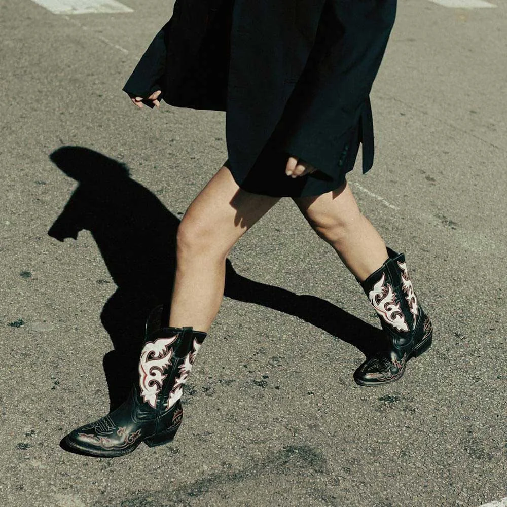  Patchwork Pattern Chunky Heel Round Toe Black Cowboy Boots for Women