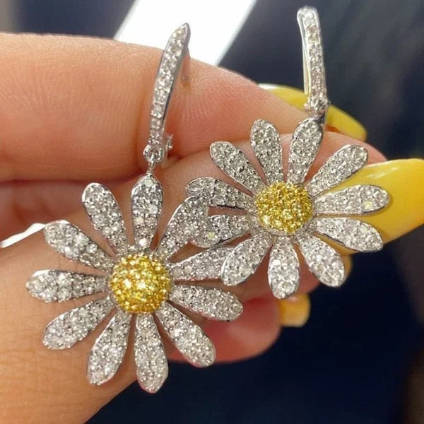Xpoko Big Sunflower Pendant Earrings For Women Crystal Inlay Gold Flower Charm Hanging Earrings Teens Girls Cute Fashion Ear Jewelry