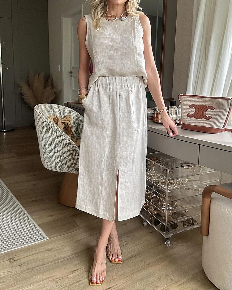Round Neck Sleeveless Top and Slit Skirt Two-piece Suit