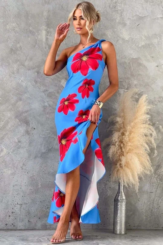 Irregular Hem Sleeveless One Shoulder Printed Dress