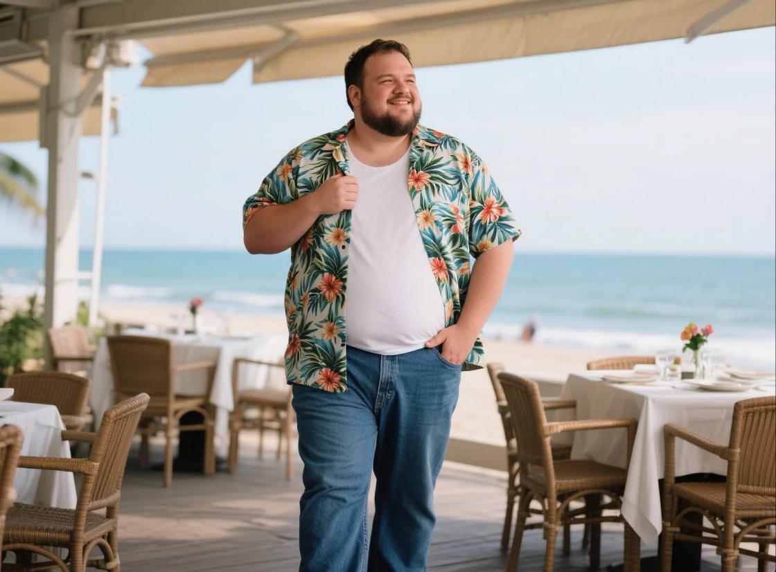 A big men's Hawaiian shirt with solid tee