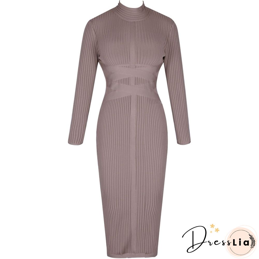 Ocstrade Bodycon Dress Nude Turtleneck Rayon Long Sleeve Bandage Dress High Quality Ribbed Womens Midi Bandage Dress Sexy