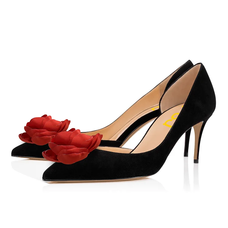 Black Vegan Suede Kitten Heels Red Flower Embellished D'orsay Pumps |FSJ Shoes