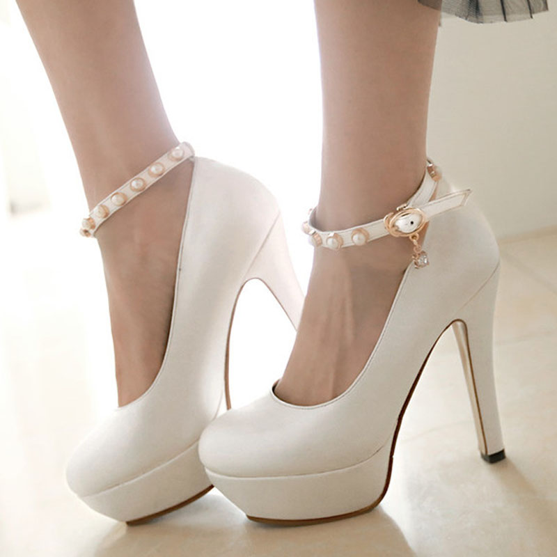 GOOSHOE White Rhinestone Ankle Strap Platform Stiletto Heel Pumps