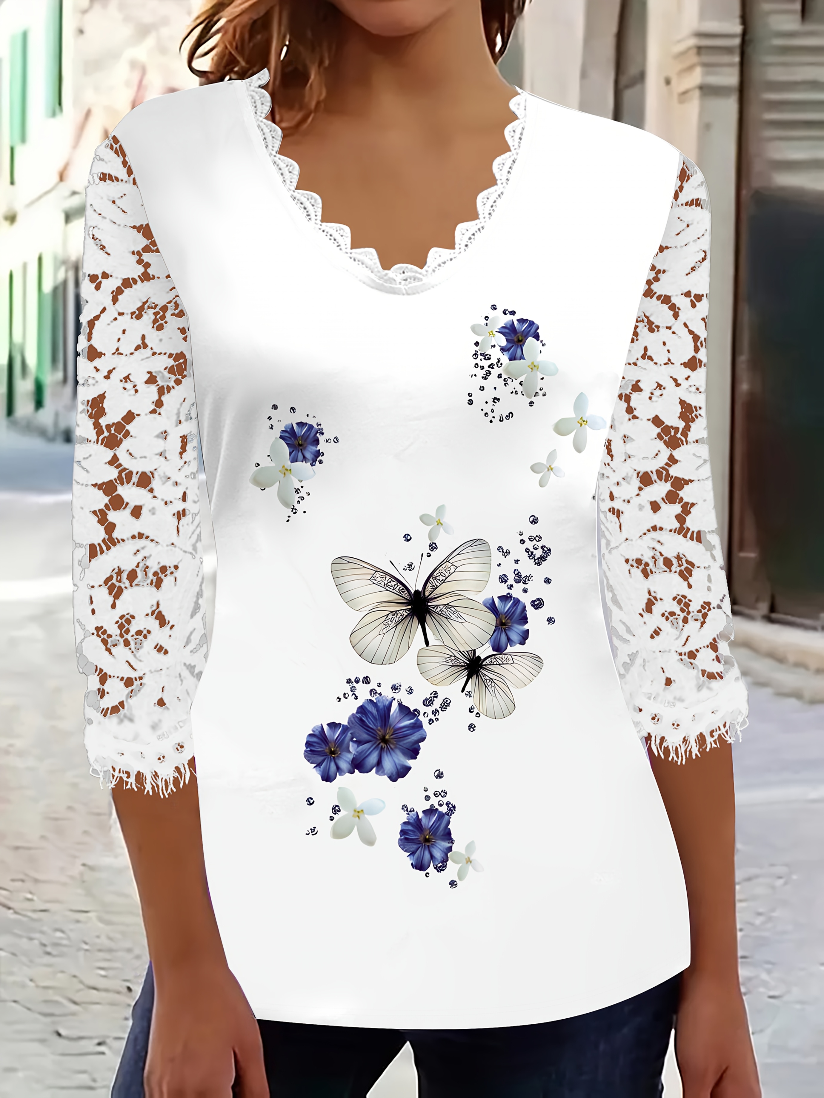 Women's Elegant Contrast Lace Stitching T-Shirt With Butterfly Print | IFYHOME