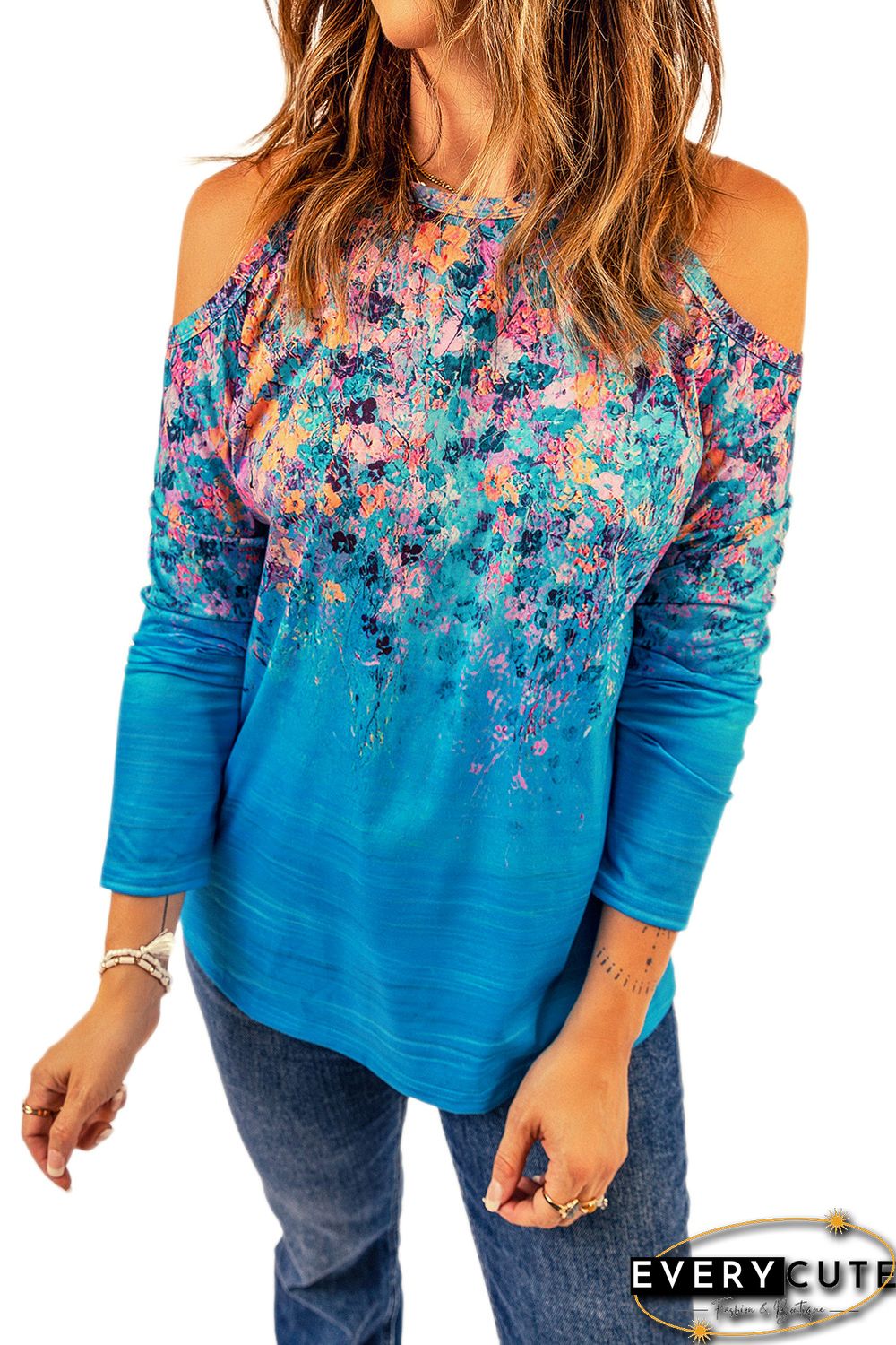 Sky Blue Floral Print Cold Shoulder Top