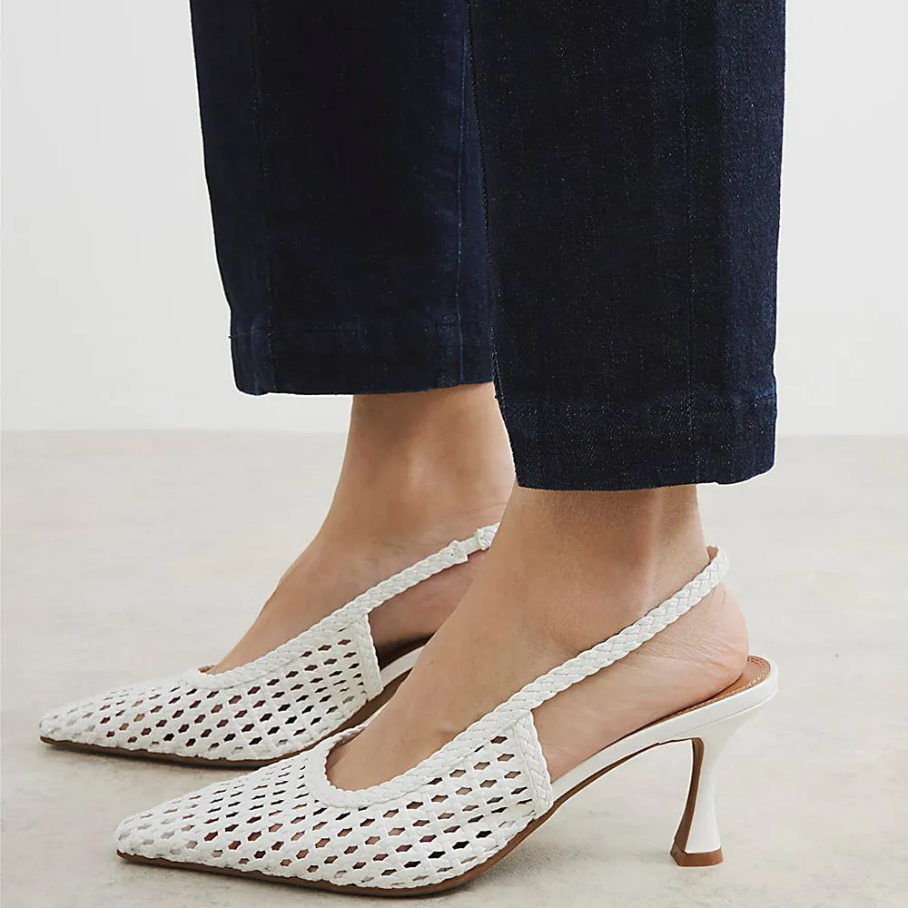 White Pointed Toe Woven Wedding Slingback Heels with Cut-Outs