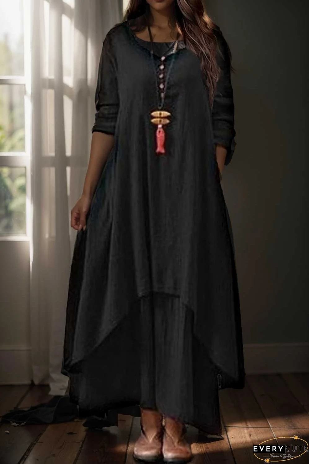 women s plus size casual dress swing dress solid color long dress maxi dress long sleeve button two piece v neck