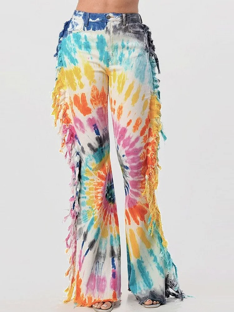 Casual Tie Dye Fringe Denim Flare Leg Jeans