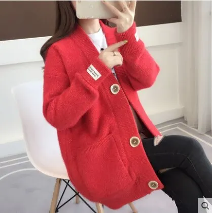 Ailegogo Spring Autumn Big Button Single Breasted Lazy Loose Pocket Solid Knitted Warm Soft Women Lady Cardigan Sweater