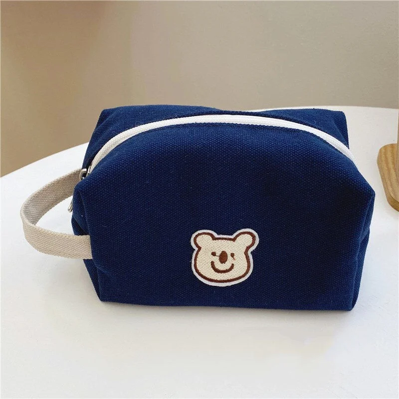 PURDORED 1 Pc Cute Bear Make Up Bag for Women Zipper Large Canvas Cosmetic Bag Travel Make Up Toiletry Pouch Student Pencil Bag