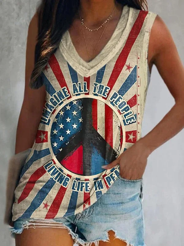 V Neck Hippie Imagine All The People Living Life In Peace Print Vest