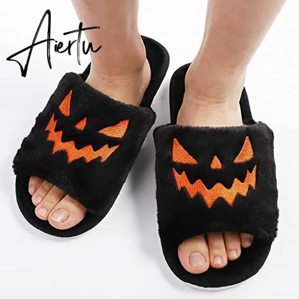 Halloween Pumpkin Lantern Slippers Autumn Soft Furry Comfort Closed Toe Slides Women Size 43 Outdoor Slippers Zapatos Mujer Aiertu