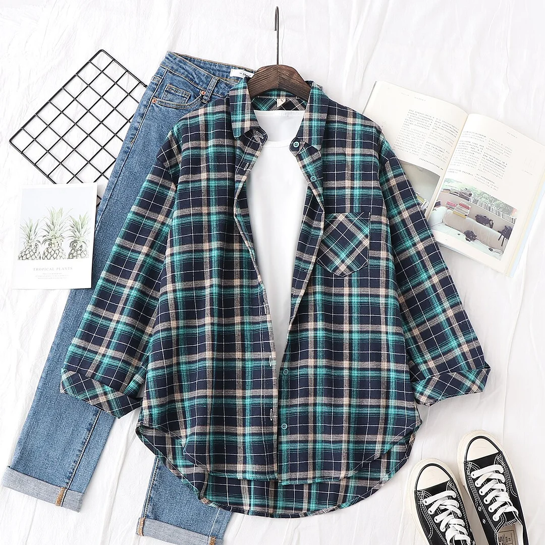 2021 New Spring Fine Loose Women's Plaid Shirt Blouse Art College Style Casual Female Long Sleeve Blouses and Tops Blusas