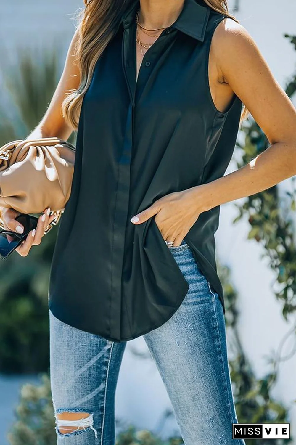 Satin Sleeveless Button Down Blouse