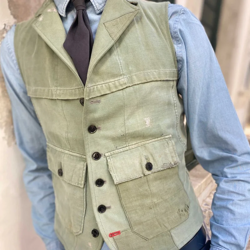 Vintage Paneled Military Green Washed Canvas Vest