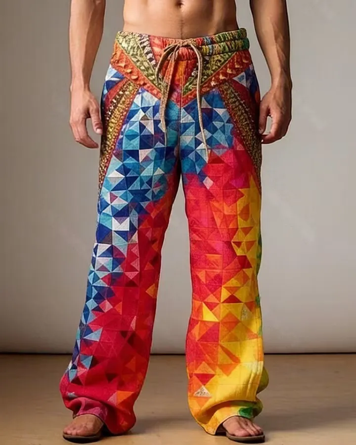 Men's Music Festival-Themed Colorful Diamond-Print Trousers 4562