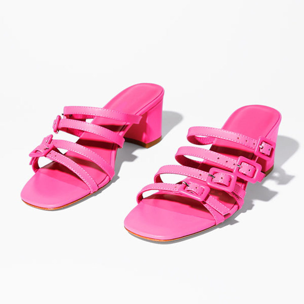 Pink Square Toe Block Heel Strappy Sandals for Women Nicepairs