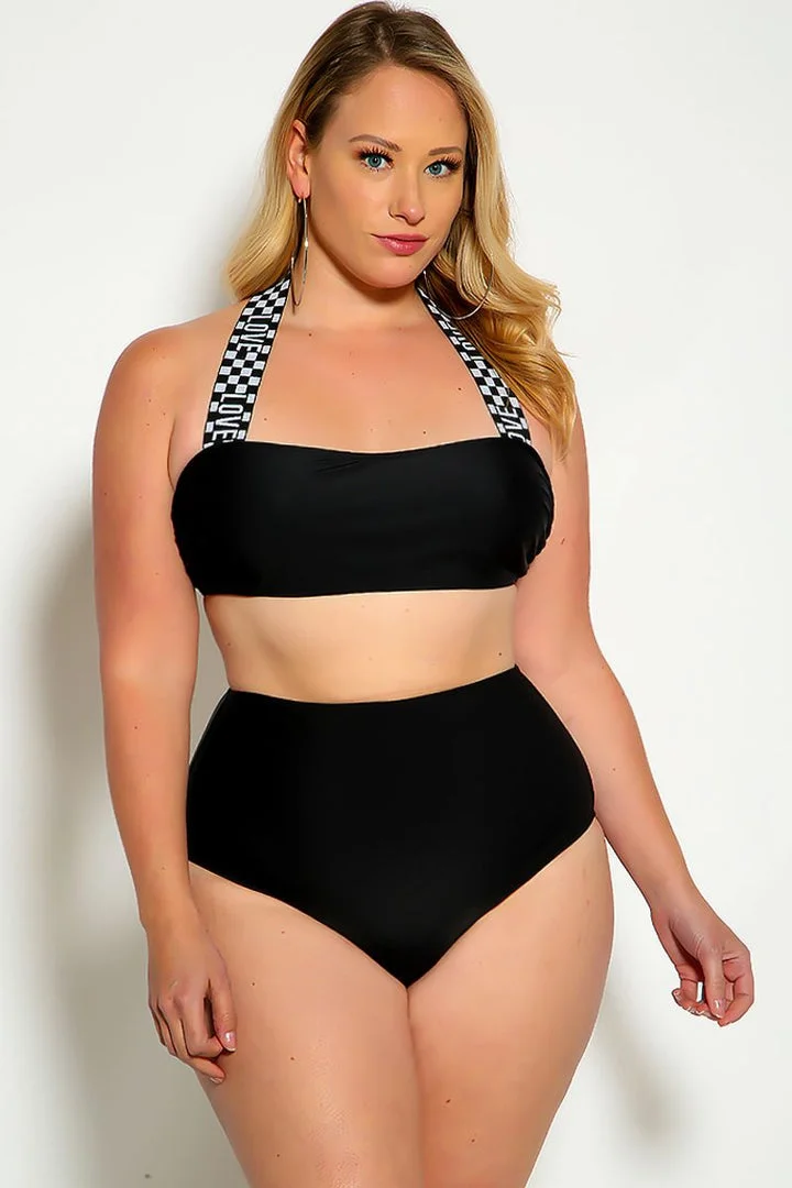 WHITE BLACK LOVE PRINT HALTER BANDEAU HIGH WAIST PLUS SIZE SWIMSUIT