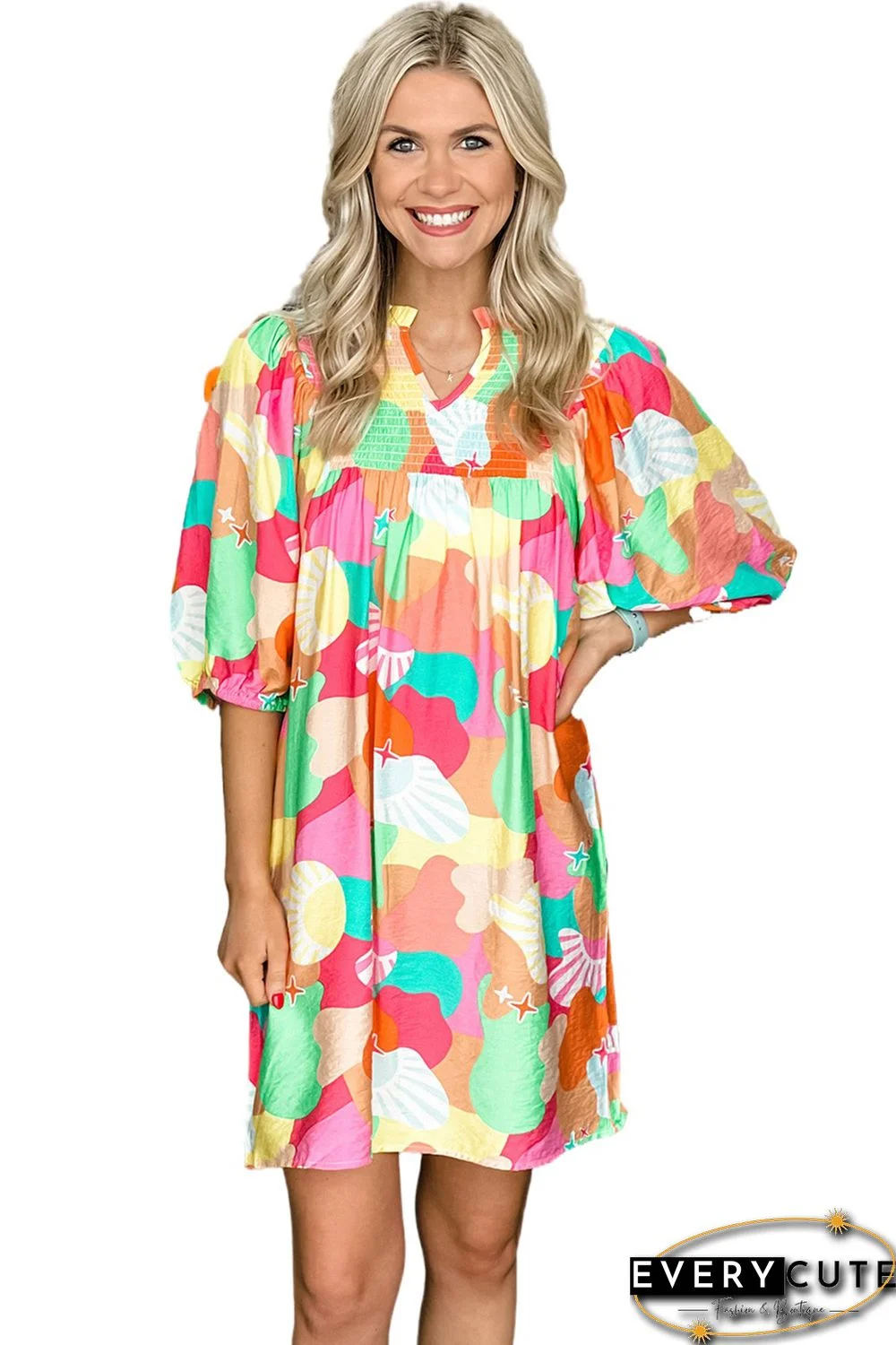 Multicolor Abstract Print Notch V Neck Puff Sleeve Dress