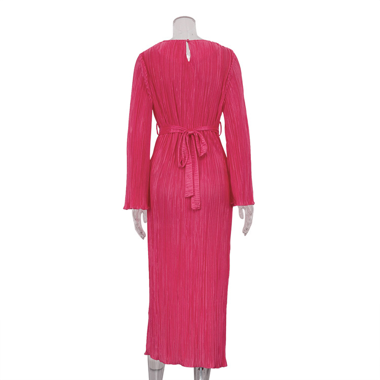 Ootddress Fashion Ruffled Lace-Up Long Dress Women Slim Long Sleeve Striped Pleated Party Dress Autumn 2025 Solid Gown Female Dress