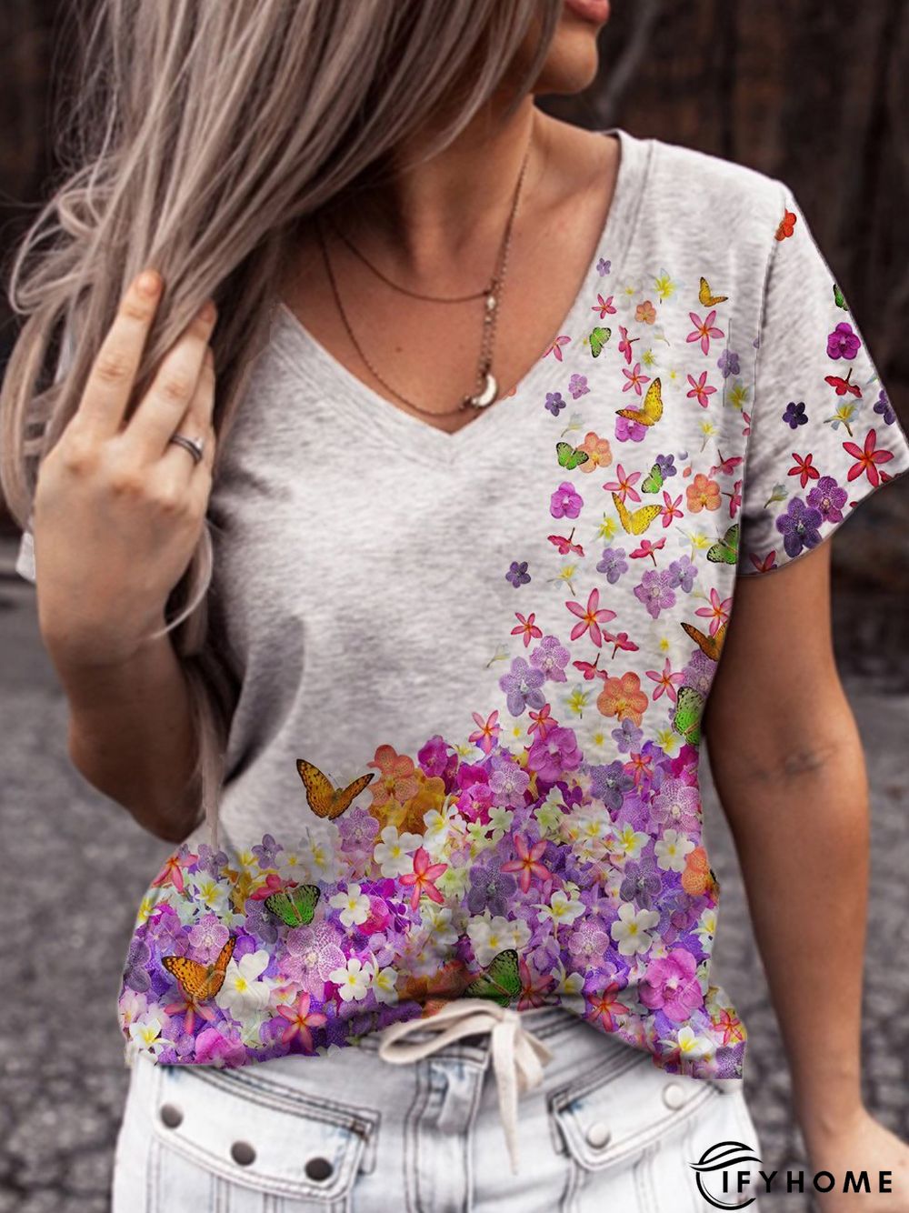 Cotton-Blend Floral Casual Short Sleeve T-shirt | IFYHOME