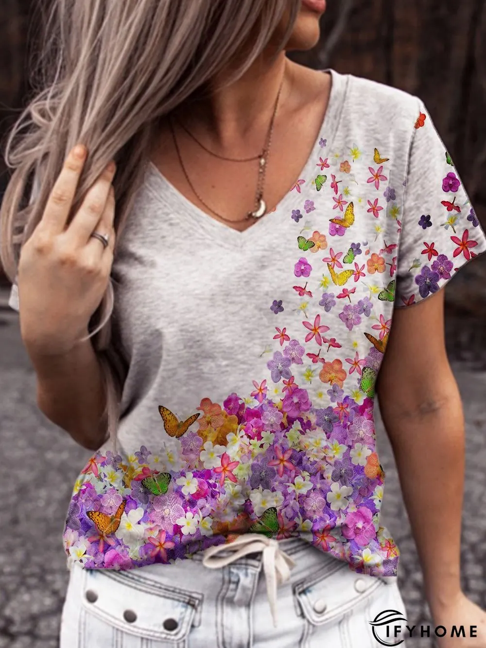 Cotton-Blend Floral Casual Short Sleeve T-shirt | IFYHOME
