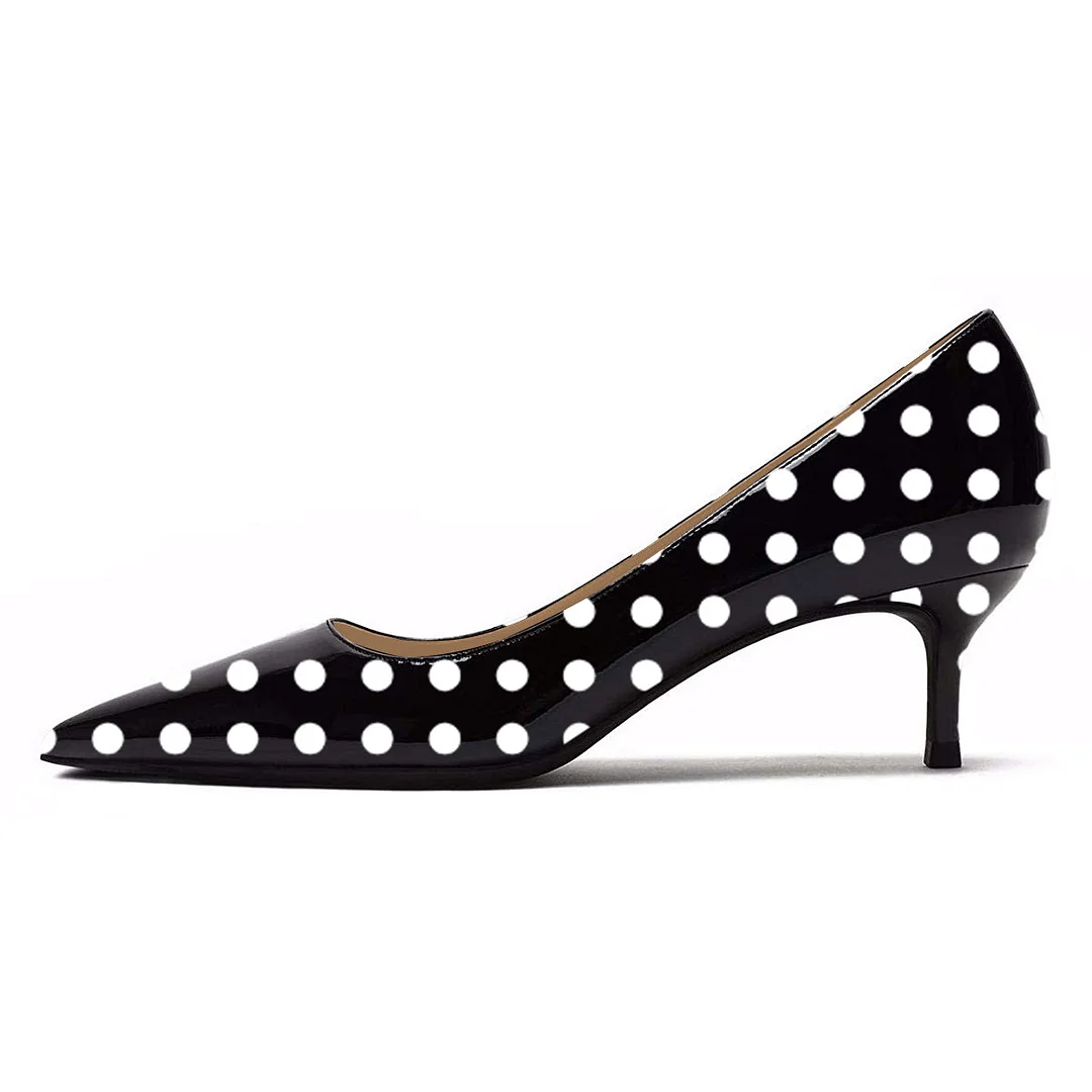 Pointed Toe Low Heel Patent Leather Black Pumps with Polka Dots