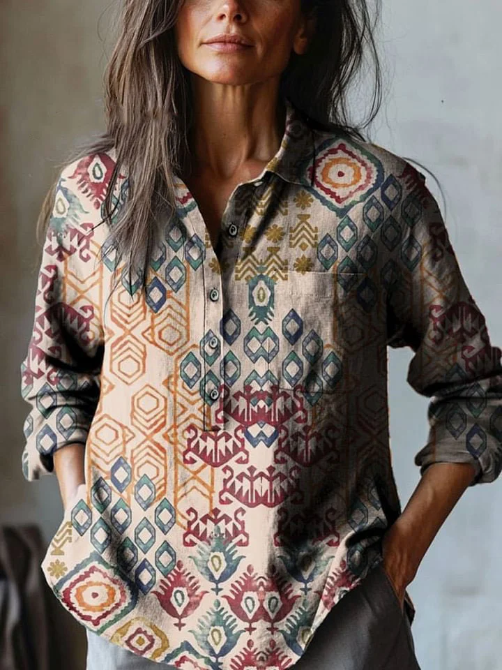 Women's Retro Pattern Art Print Casual Cotton And Linen Shirt