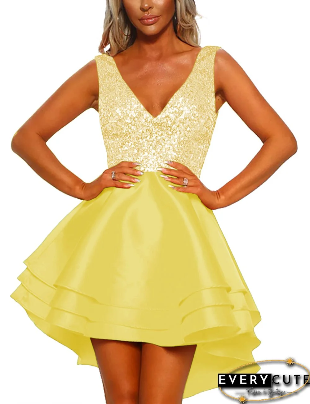 Heart Broken Yellow Gold Sequin Multi Layer Skater Dress