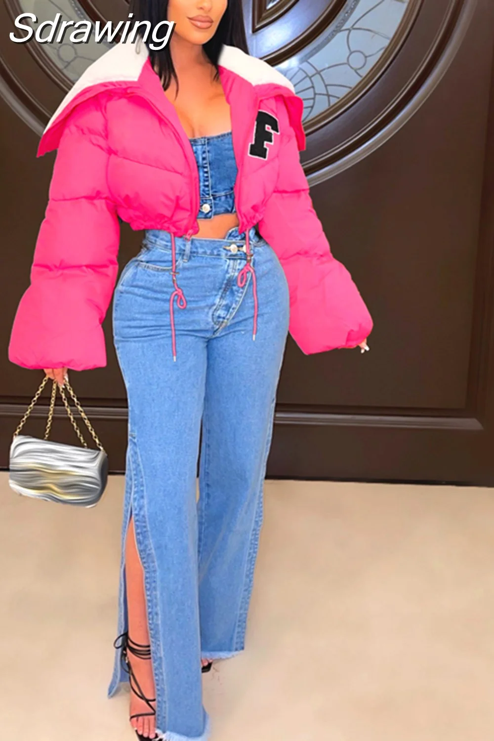 Sdrawing Letter Cropped Puffer Jackets and Coats Winter Clothes Women 2023 Street Fashion Parkas Outerwear Wholesale D48-FE65