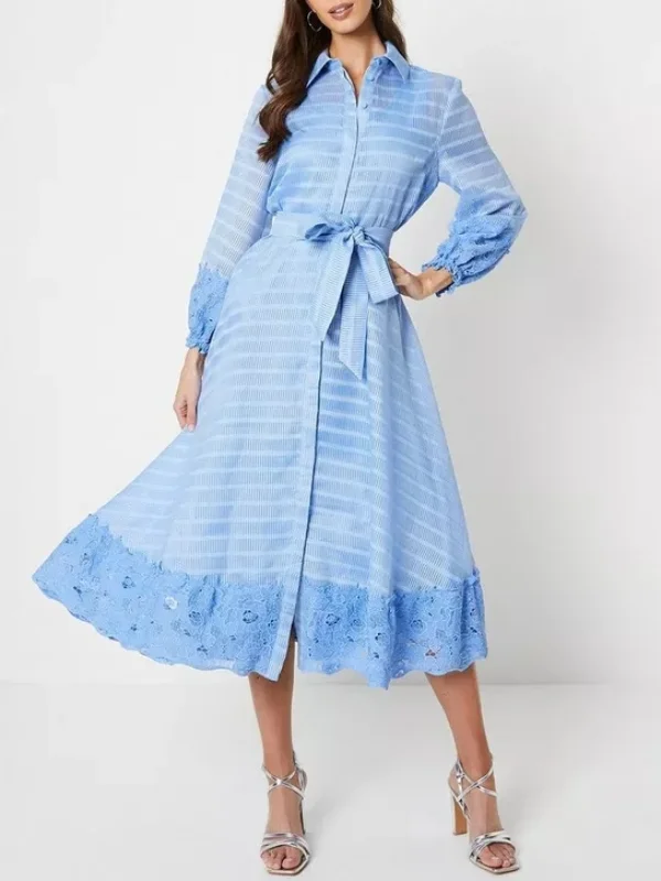 Lace Stripe Organza Belted  With 3/4 Sleeve Shirt Midi Dress