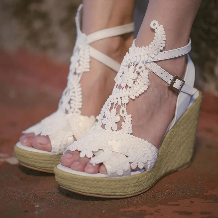 Ivory Lace Peep Toe Wedge Platform Wedding Sandals Vdcoo